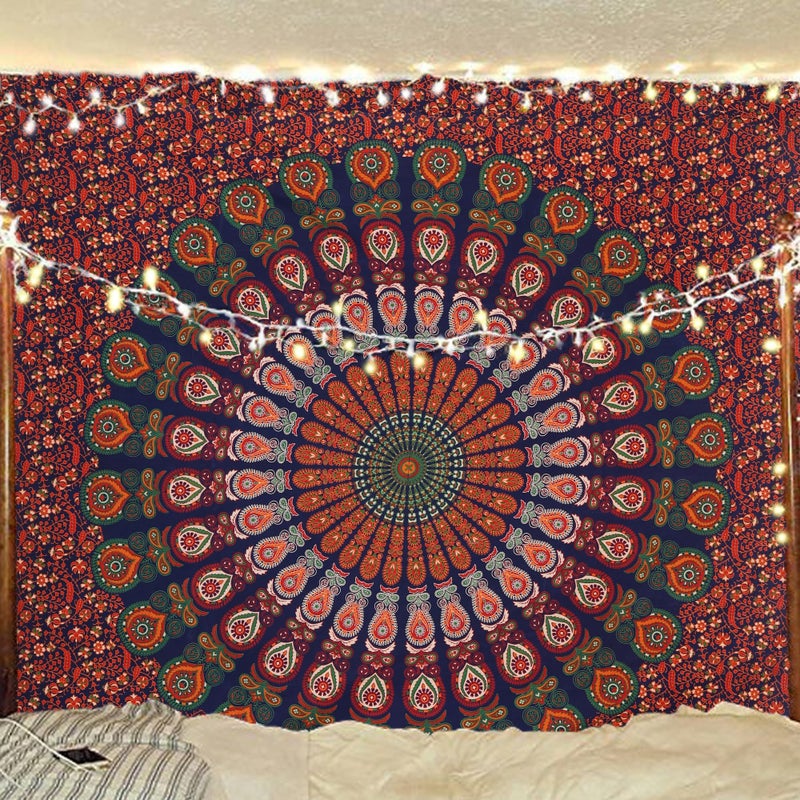 Bless International Handmade Indian hippie Bohemian Psychedelic Peacock Mandala Wall hanging College Dorm Beach Throws Table Cloth Bedding Tapestry (Golden Red Green, Queen(84x90Inches)(215x230Cms)) - Image 1